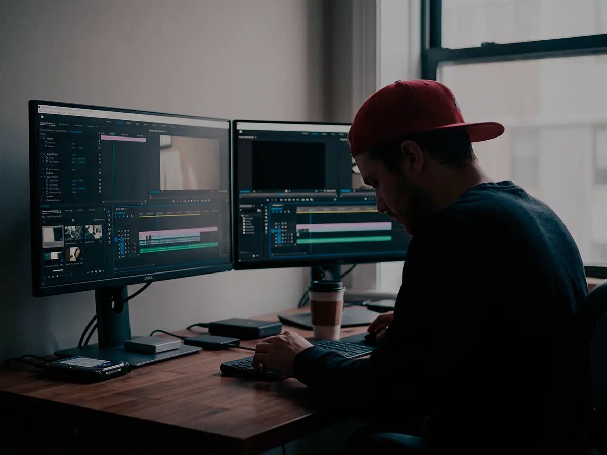 Persona editando vídeo en ordenador en estudio creativo de Yecla, Murcia